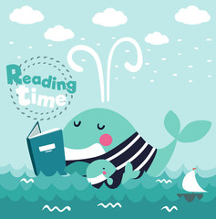 Cute funny whale with stripped shirt reading a book. Family whales. Mom and baby whales