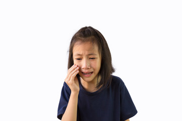 Asian little girl crying isolated on white background, sad offended child cries,sorrow emotion,...