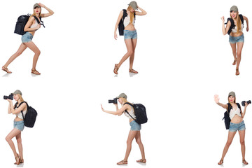 Beautiful woman in shorts with backpack and camera 