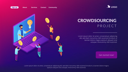 Businessman with idea on laptop rasing money via internet to support project. Crowdfunding, crowdsourcing project, alternative financing concept. Isometric 3D website app landing web page template