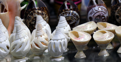  Sea shells in the market. Conch shells at Puri sea beach evening market. Beautiful marine shells.