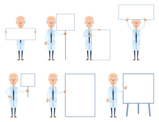 Set of old professor characters posing with different blank banners. Cheerful professor holding poster, paper, placard, pointing to whiteboard, explain, teach. Flat design vector illustration