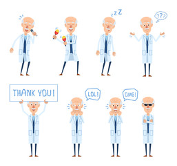Set of old professor characters posing in different situations. Cheerful professor singing, dancing, sleeping, thinking, laughing, holding thank you poster. Flat style vector illustration
