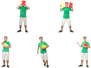 Young student with notes isolated on white 