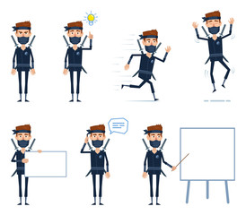Set of ninja characters posing in different situations. Cheerful ninja standing, pointing to idea light bulb, running, jumping, talking to phone, teaching, holding blank banner. Vector illustration