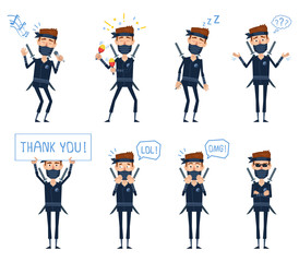 Set of ninja characters posing in different situations. Cheerful ninja singing, dancing, sleeping, thinking, laughing, surprised, serious, holding thank you banner. Flat design vector illustration
