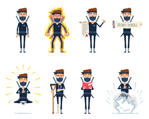 Set of ninja characters posing in different situations. Cheerful ninja standing, holding scroll, meditating, reading a book, injured, in rage, using secret technique. Flat style vector illustration