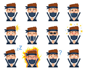 Big set on ninja character emoticons. Ninja avatars showing different emotions. Happy, sad, laugh, smile, rage, angry, sleeping, tired and other facial expressions. Flat style vector illustration