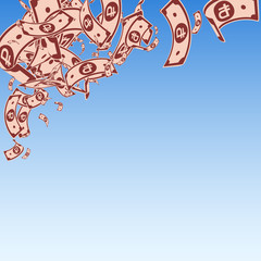 Russian ruble notes falling. Messy RUB bills on bl