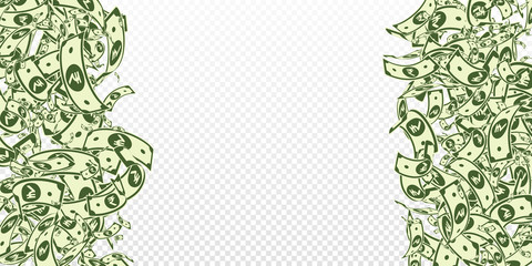 Indian rupee notes falling. Messy INR bills on tra