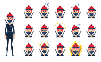 Fototapeta premium Big set of female ninja emoticons. Ninja emojis showing different facial expressions. Angry, dazed, sleepy, in rage, think, tired, serious, sad, happy and other emotions. Simple vector illustration