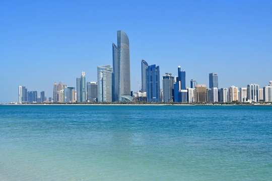 UAE. Abu Dhabi skyscrapers and Persion Gulf in sunny day  