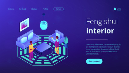 Feng shui consultant rearranges space for positive energy flow, tiny people. Feng shui interior, feng shui designer, home decor philosophy concept. Isometric 3D website app landing web page template - obrazy, fototapety, plakaty