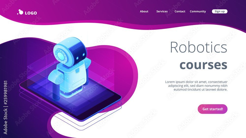 Poster robot on mobile phone or tablet screen. mobile robotics and chat bot, robotics startup, robotics cou