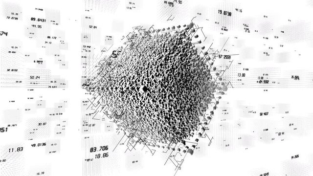 4K cube in the Computing Core with Interchanging Information Streams.big data;flowing counters of numbers;Business digital Data;financial figures wall;Stock Market.Block chain network.