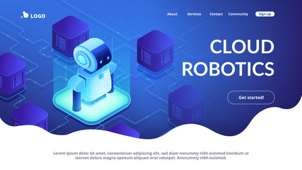 Modern robot connected to network. Cloud robotics and networking, robot monitoring and internet, robotics system and technology concept. Isometric 3D website app landing web page template