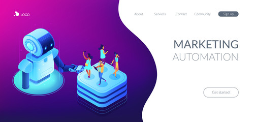 Robot touching server with users with mobile gadgets on it. Social media automation tools, marketing automation, social media management concept. Isometric 3D website app landing web page template