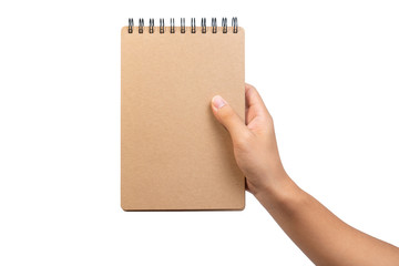 Close up of open brown blank notebook with ring loop binding. Empty wire-o brown notebook holding...