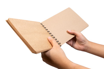 Close up of open brown blank notebook with ring loop binding. Empty wire-o brown notebook holding with two hand for business and education for write and note.