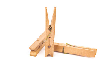 Wood clothespins isolated on white background object concept