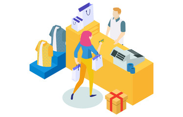 Isometric illustrations, shopping in a clothing store, vector illustration - Vector
