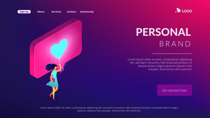 Businesswoman sharing content in social media with like. Personal brand, sharing content online, like for like and follow4follow concept. Isometric 3D website app landing web page template - obrazy, fototapety, plakaty