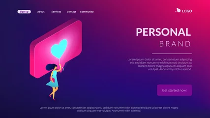 Fotobehang Businesswoman sharing content in social media with like. Personal brand, sharing content online, like for like and follow4follow concept. Isometric 3D website app landing web page template © Visual Generation