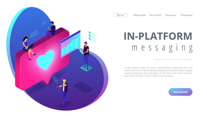 Social media specialists and analyst work with tablets and laptops and like. Social media engagement, in-platform messaging, SMM campaign concept. Isometric 3D website app landing web page template