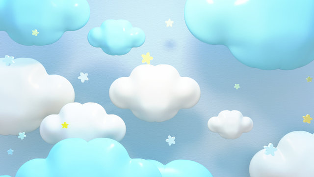 Kawaii blue clouds and stars. 3d rendering picture.