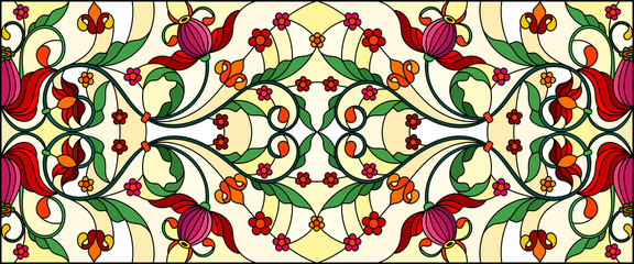 Naklejki  Ilustracja w stylu witrażu z abstrakcyjnymi różowymi kwiatami na żółtym tle, orientacja pozioma