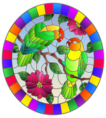 Fototapeta premium Illustration in stained glass style with pair of birds parrots lovebirds on branch tree with pink flowers against the sky, oval image in bright frame
