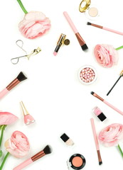 Fototapeta na wymiar Makeup cosmetic accessories products banner top view brushes, lipstick, pink flowers ranunkulus on white background.Pastel color background. Flat lay. Copy space
