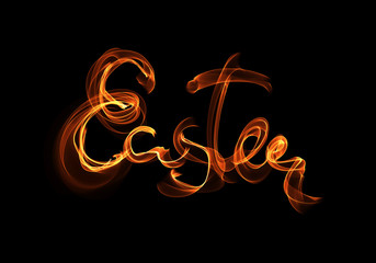 Happy Easter background written by fire flame or smoke. Invitation illustration greeting card, ad, promotion, poster, flyer, web-banner, article, social media