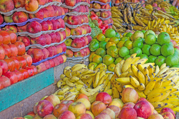 fresh fruit are on sale in the market apples orange banana