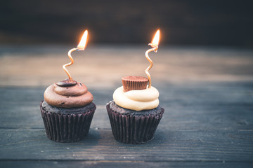 Two Chocolate Cupcakes with Gold Candles