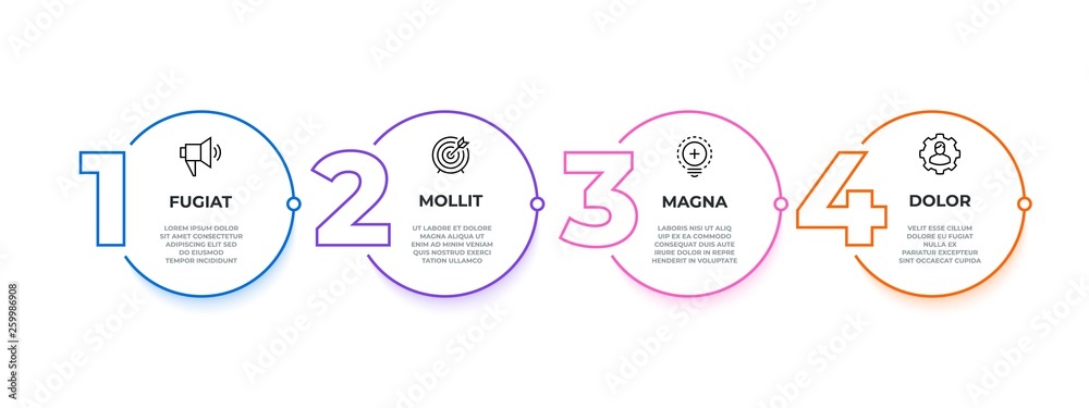 Poster line flow infographic. 4 steps circle workflow diagram, business presentation template, milestone ve