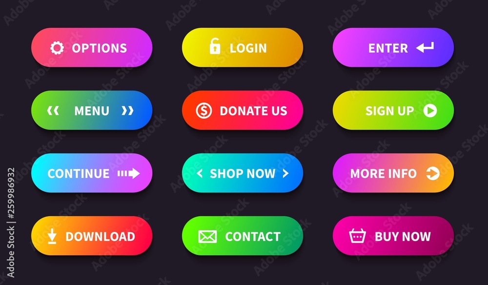Aufkleber Gradient action button. Shop download banner, flat oval interface, web ui navigation buttons. Vector mobile game app button