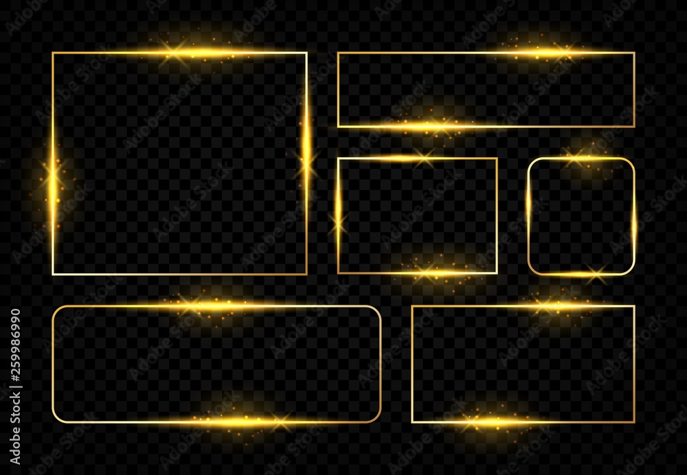 Poster shiny golden frames. square magic border with glowing golden lines and flares, vector birthday party