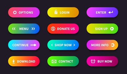 Gradient action button. Shop download banner, flat oval interface, web ui navigation buttons. Vector mobile game app button