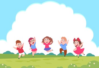 Happy cartoon children. Preschool playing kids on summer nature background with clouds. Vector group of active children