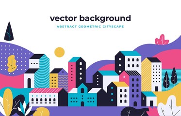 Naklejka premium Minimal cityscape. Flat geometric background with buildings leaves treas and fields, nature environment vector landscape