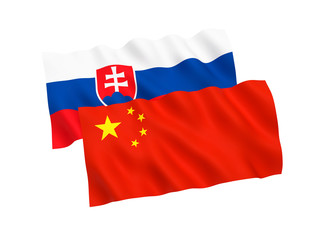 National fabric flags of Slovakia and China isolated on white background. 3d rendering illustration. 1 to 2 proportion.