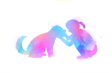 Pet care. Girl playing with dog  silhouette on watercolor background. The concept of trust, friendship . Digital art painting.