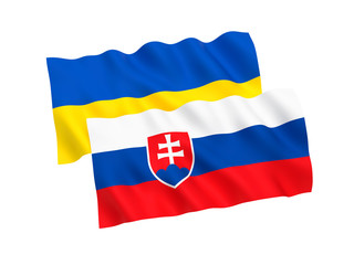 National fabric flags of Ukraine and Slovakia isolated on white background. 3d rendering illustration. 1 to 2 proportion.