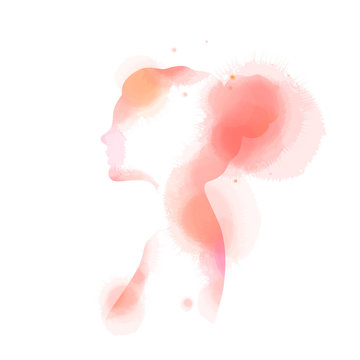 Double exposure illustration. Woman silhouette plus abstract water color painted. Digital art painting.Vector illustration.