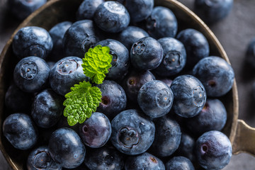 Vintage bowl full of fresh blueberries with herbs.