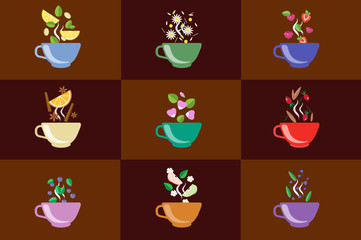 Cups of herbal tea set, fruit and berry tea vector Illustrations in flat style