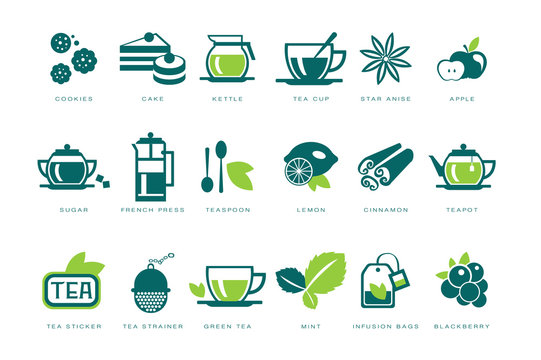 Tea Time Icons Set, Cookie, Cake, Kettle, Cup, Sugar, French Press, Teaspoon, Lemon, Infusion Bag, Strainer Linear Vector Illustrations