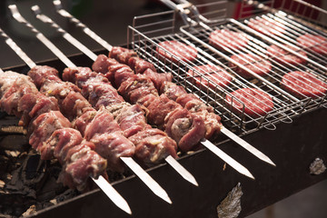 Delicious kebab and cutlets fried on the grill