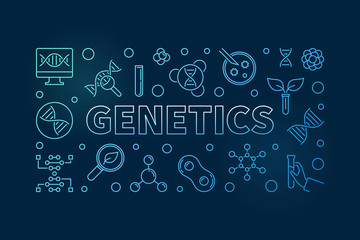 Genetics vector blue outline horizontal banner on dark background